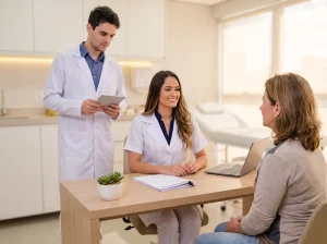 Médica e médico com jalecos brancos atendendo uma paciente em consultório claro