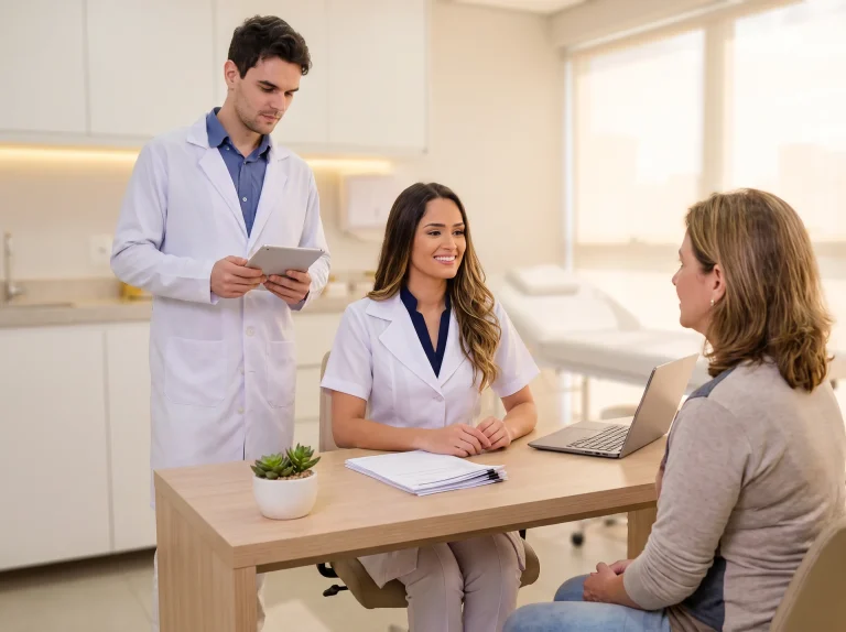 Médica e médico com jalecos brancos atendendo uma paciente em consultório claro