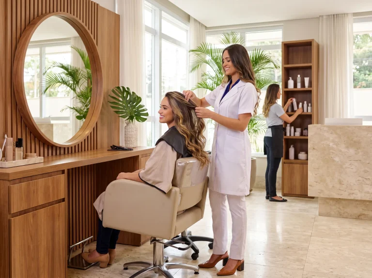 Cabeleireira de jaleco branco atendendo cliente em salão de beleza, colega com avental ao fundo