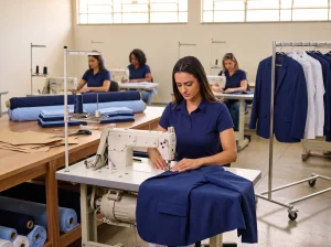 Costureira de polo azul-marinho finalizando um blazer na fábrica de uniformes, com arara de peças prontas ao fundo