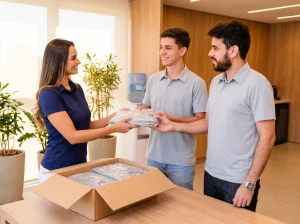 Especialista entregando polos novos a um funcionário recém-contratado, ao lado de colega com a mesma polo