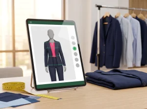 Tablet com o provador virtual da Pimenta Verde mostrando avatar de blazer com linhas de medida e seleção de tamanho